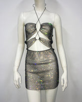 Fishnet Rhinestone Dress Lace Up Tight Dress Halterneck Dress